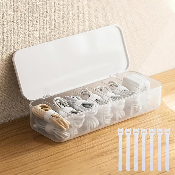 Cable Organizer Storage Box with 7 Wire Ties,Desktop Cable Management Box with Lid,Power Cord Org... | Amazon (US)