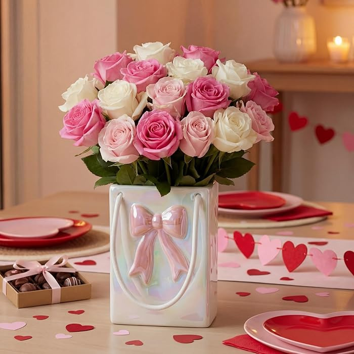 Ninehaoou Pink Bow Handbag Flower Vase 7.16 Inch Ceramic Purse Vase Hanging Coquette Decor Valent... | Amazon (US)