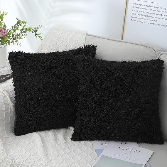 Pallene Faux Fur Decorative Throw Pillow Covers 20x20 Inch, Set of 2 Black Fluffy Soft Couch Pill... | Amazon (US)