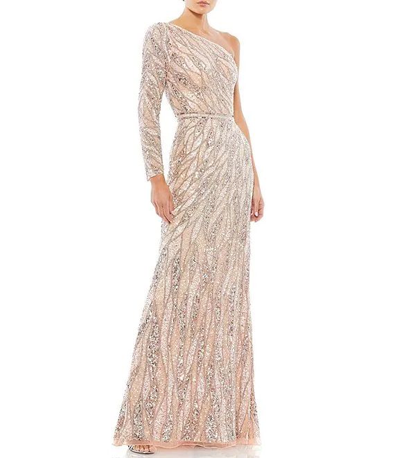 Asymmetrical One Shoulder Long Sleeve Fully Sequin Gown | Dillards