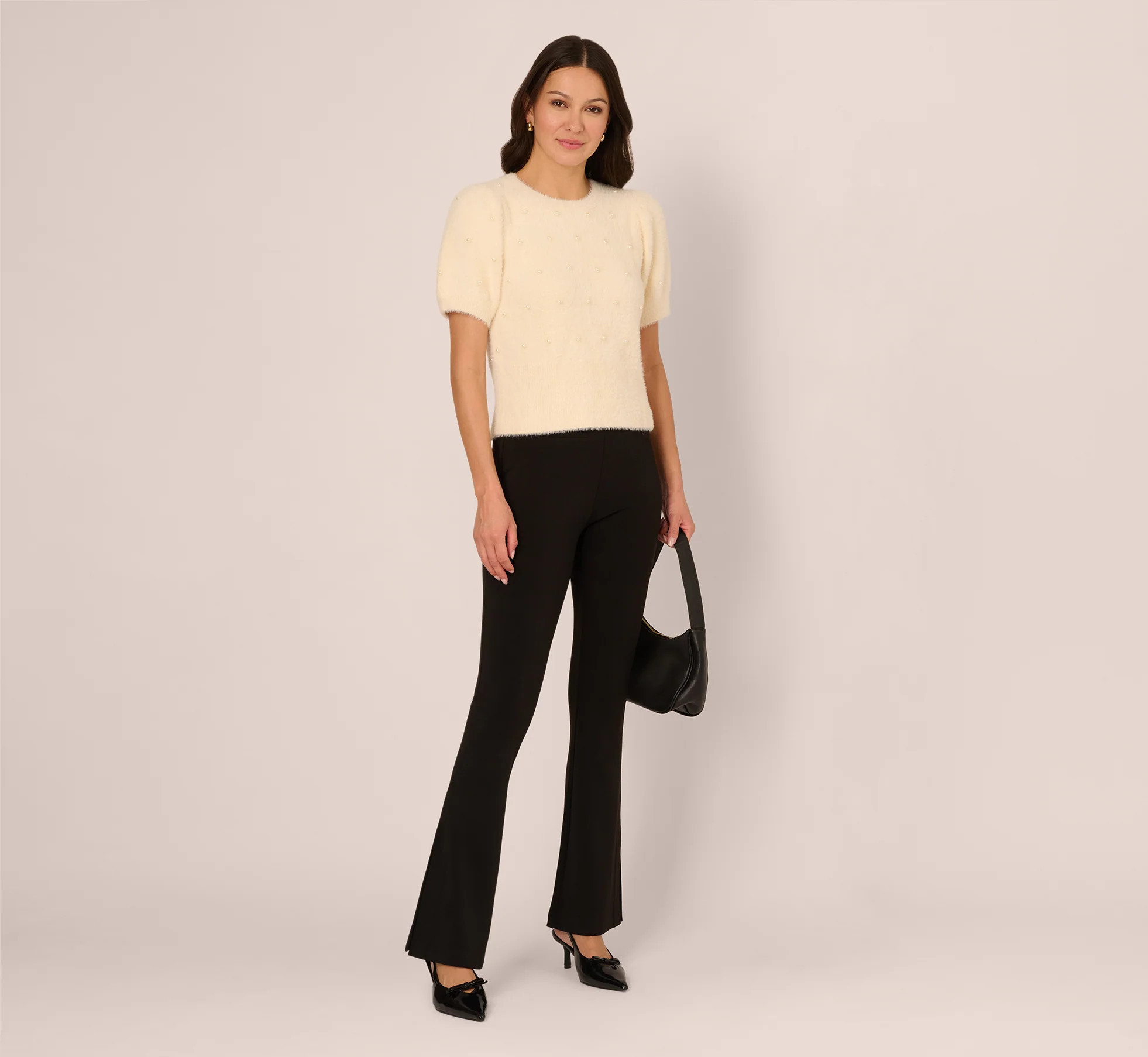 Short Sleeve Pearly Fuzzy Sweater In Cream | Adrianna Papell