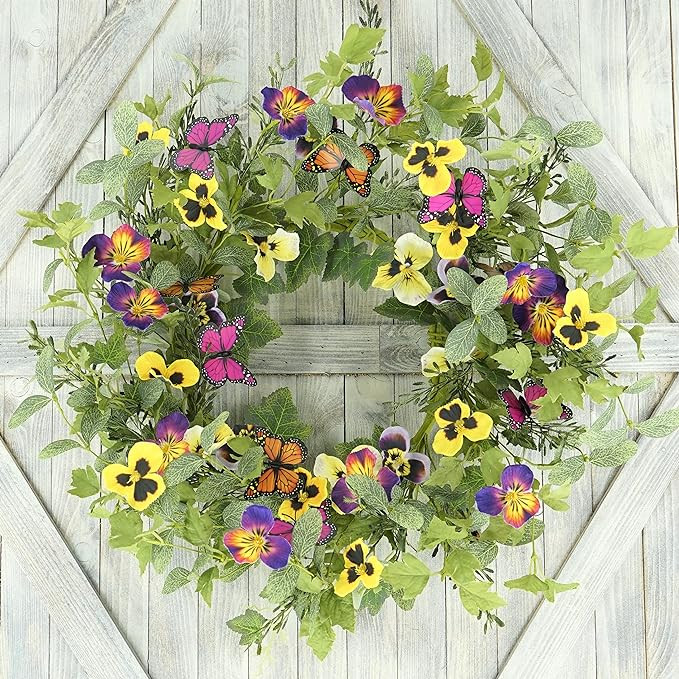 Artificial Spring Summer Wreath with Pansy Flower,Fake Butterfly,Eucalyptus Leaves,Ivy Leaves,Fer... | Amazon (US)
