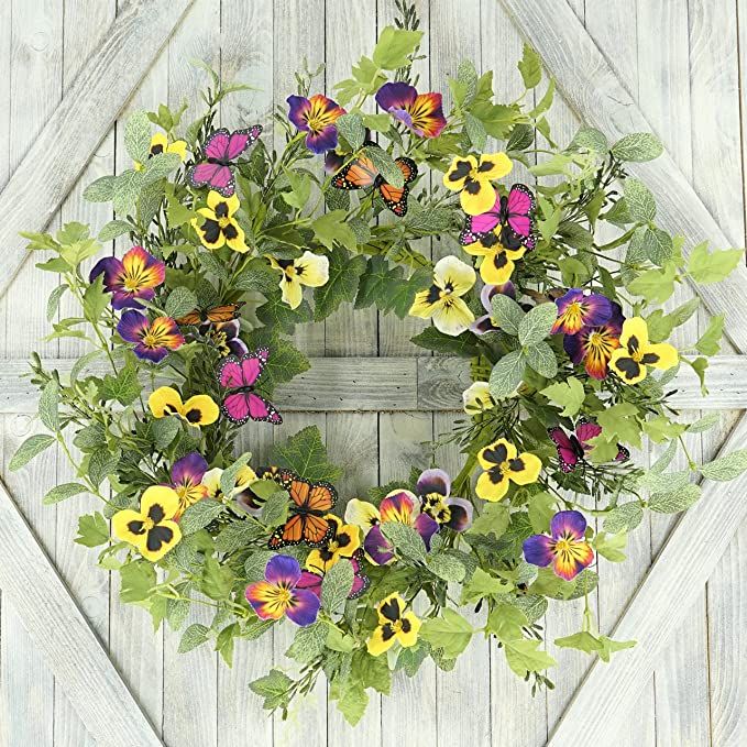 Artificial Spring Summer Wreath with Pansy Flower,Fake Butterfly,Eucalyptus Leaves,Ivy Leaves,Fer... | Amazon (US)