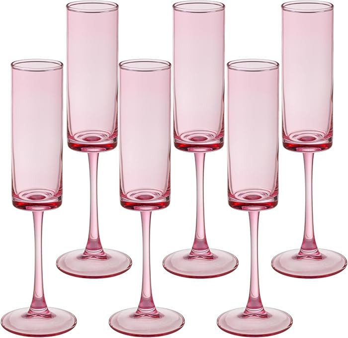 6 Pieces Pink Champagne Flutes 6 OZ Straight Sided Wine Glasses Champagne Long Stem Drinking Colo... | Amazon (US)