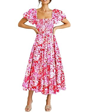 PRETTYGARDEN Women's Casual Summer Midi Dress Puffy Short Sleeve Square Neck Smocked Tiered Ruffl... | Amazon (US)