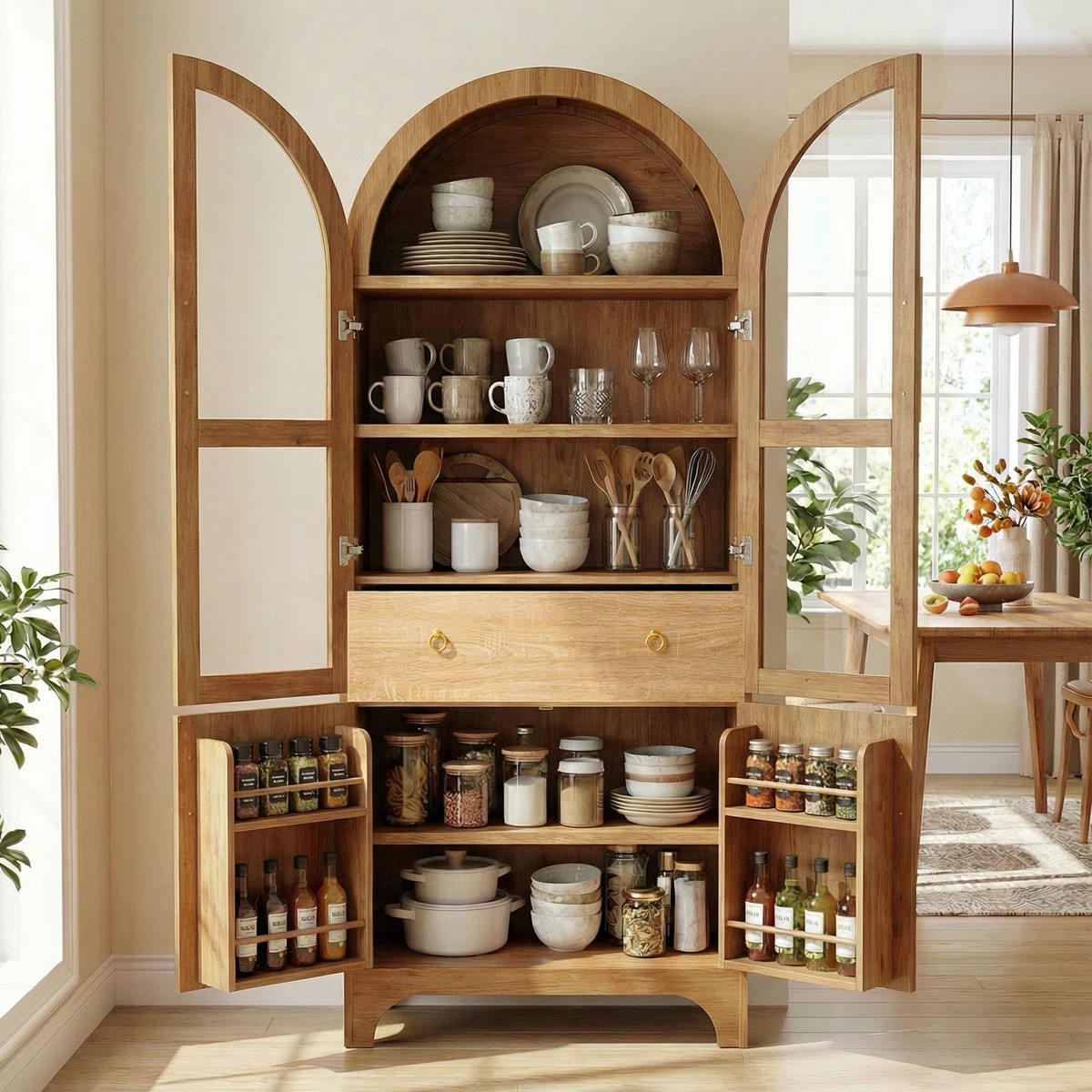 71" Tall Arched Farmhouse Kitchen Pantry Cabinet - Glass Door, Adjustable Shelves & Hidden Drawer | Wayfair North America