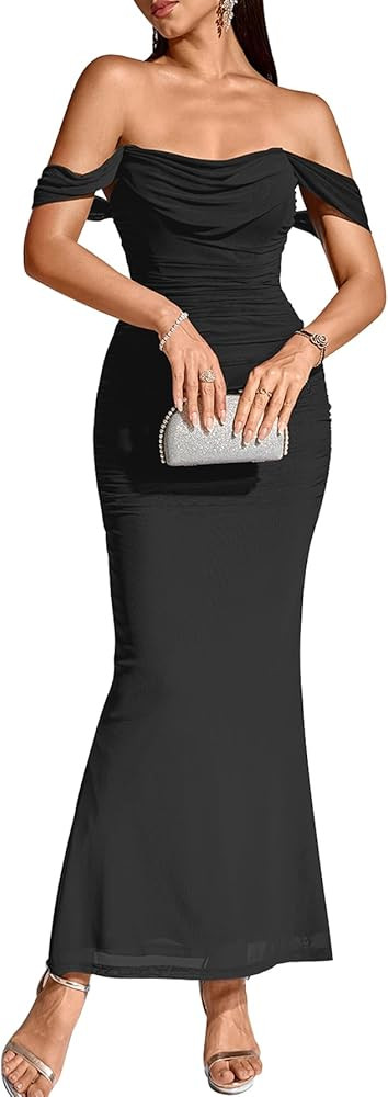 KUTUMAI Off The Shoulder Maxi Long Dress Corset Ruched Bodycon Formal Wedding Guest Dresses for W... | Amazon (US)