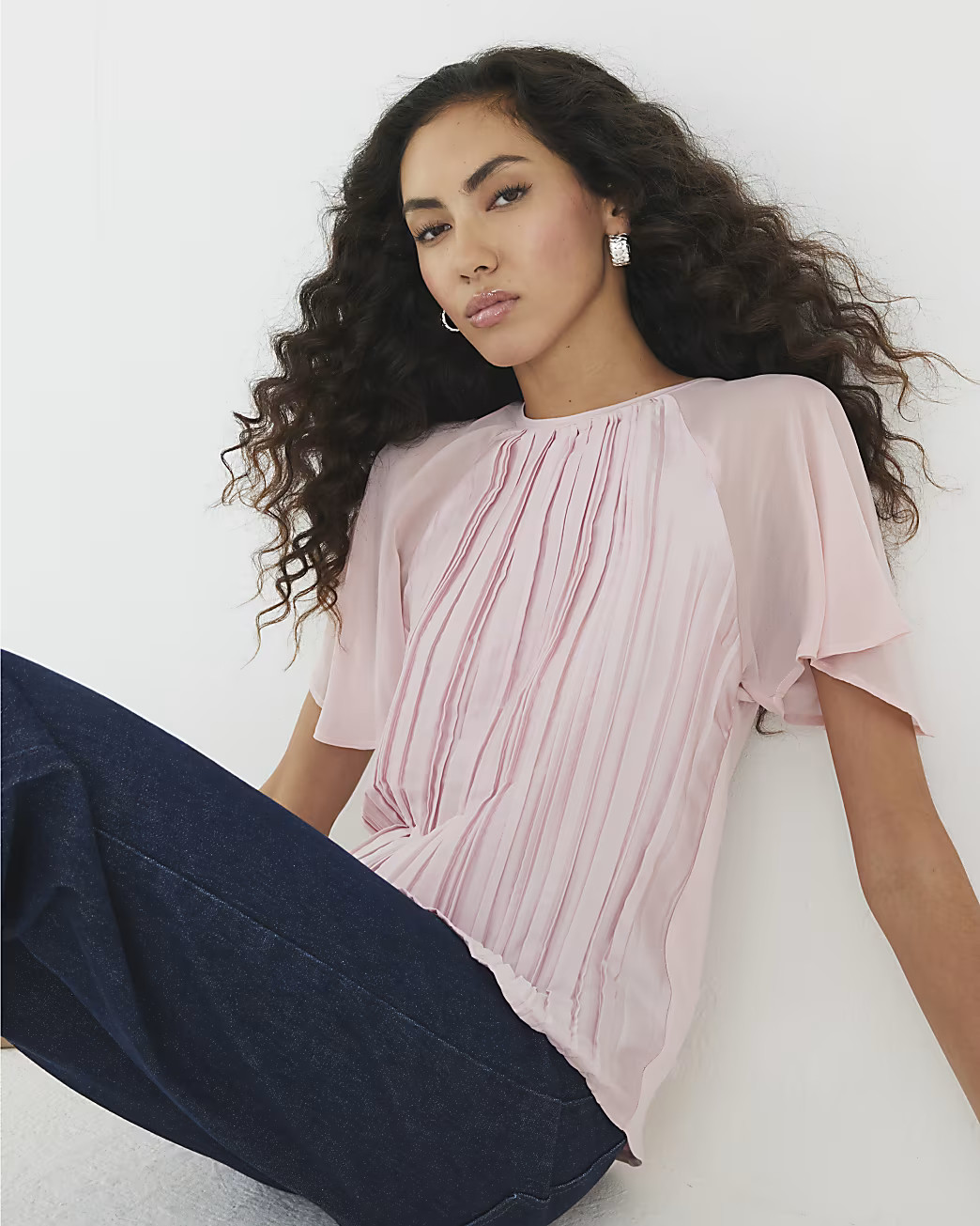 Pink Short Sleeve Pleated Hybrid T-shirt | River Island UK & IE