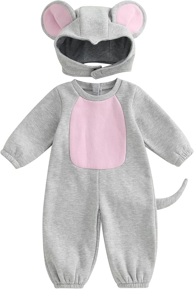 Baby Mouse Costume Boy Girl Long Sleeve Fleece Jumpsuits Romper with Ears Hat Toddler Halloween O... | Amazon (US)