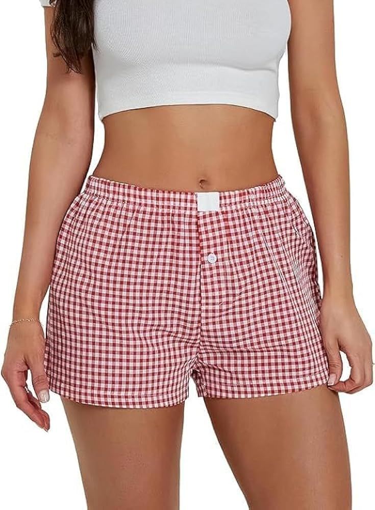 Women's Lounge Shorts Cute Soft Elastic Low Waist Plaid Print Button Front Pajama Bottoms Boxer S... | Amazon (US)