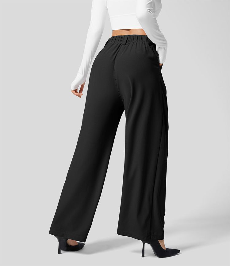 High Waisted Plicated Side Pocket Wide Leg Waffle Casual Pants | HALARA