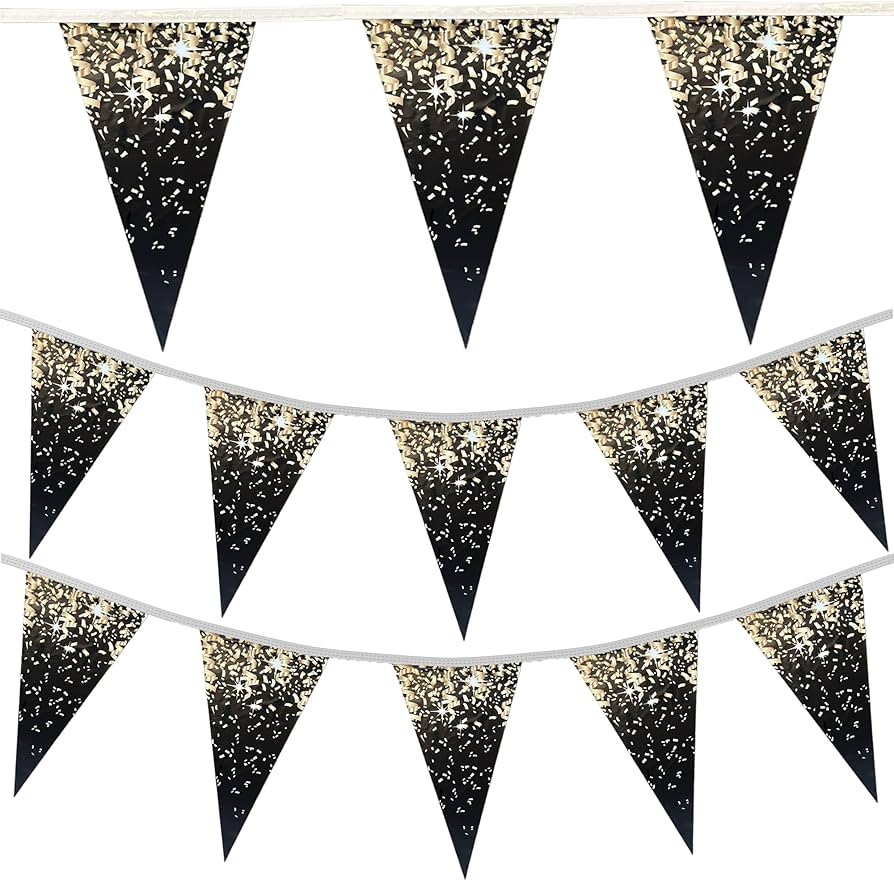 100FT New Years Eve Banner Flags | Black and Gold Banner for New Years Party | Large 18" Pennant ... | Amazon (US)