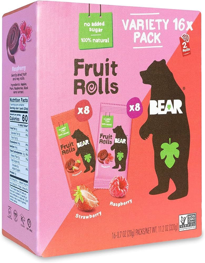 BEAR Real Fruit Snack Rolls, Strawberry & Raspberry Variety Pack – 2 Rolls Per Pack – Gluten ... | Amazon (US)