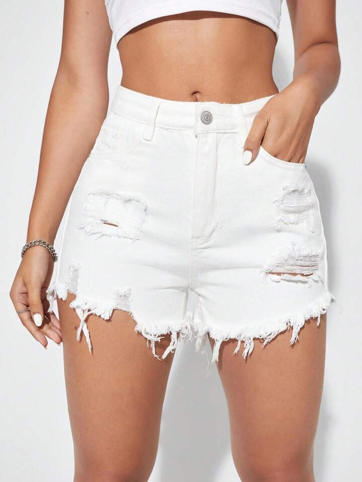 White Ripped Shorts  | SHEIN