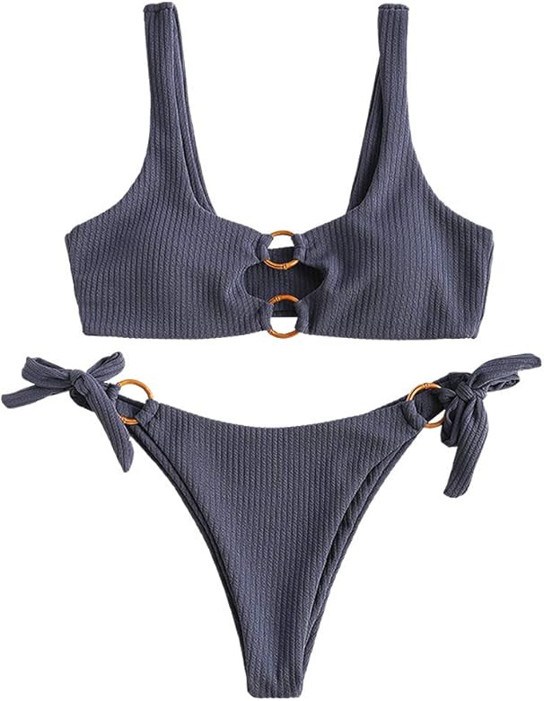Amazon.com: ZAFUL Women's Ribbed Solid O-Ring String Bikini Tie Side Swimsuit Two Pieces Bathing ... | Amazon (US)