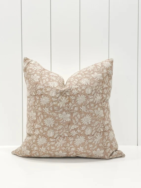 Designer tan/blush hand-blocked floral pillow cover | Etsy (US)