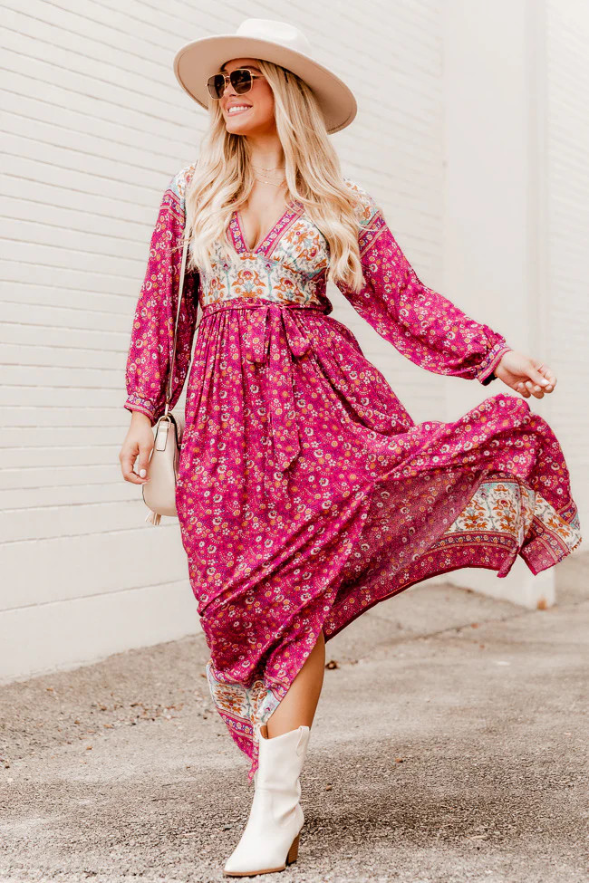 Call Me Magenta Floral Border Printed Belted Maxi Dress FINAL SALE | Pink Lily
