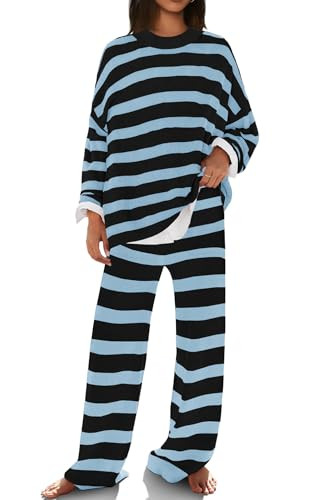 SENSERISE Womens Striped Set Sweater Lounge Sets Matching Fall Outfits Long Sleeve Tops and Pants with Pockets(Black Blue,M) | Amazon (US)