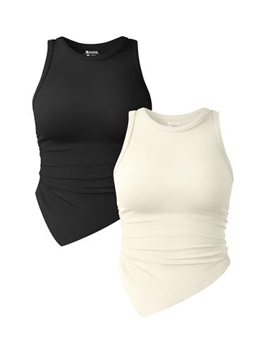 OQQ Women's 2 Piece Tank Tops Ruched Crew Neck Sleeveless Basic Stretch Tee Shirts | Amazon (US)