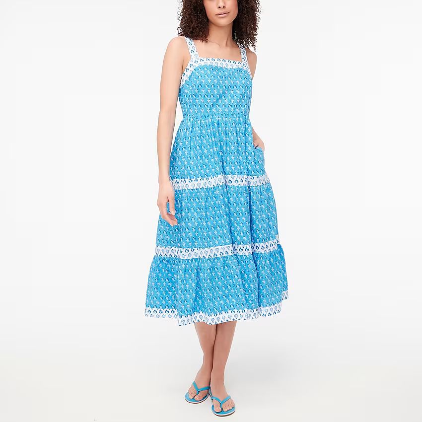 Block-print squareneck tiered midi dress | J.Crew Factory