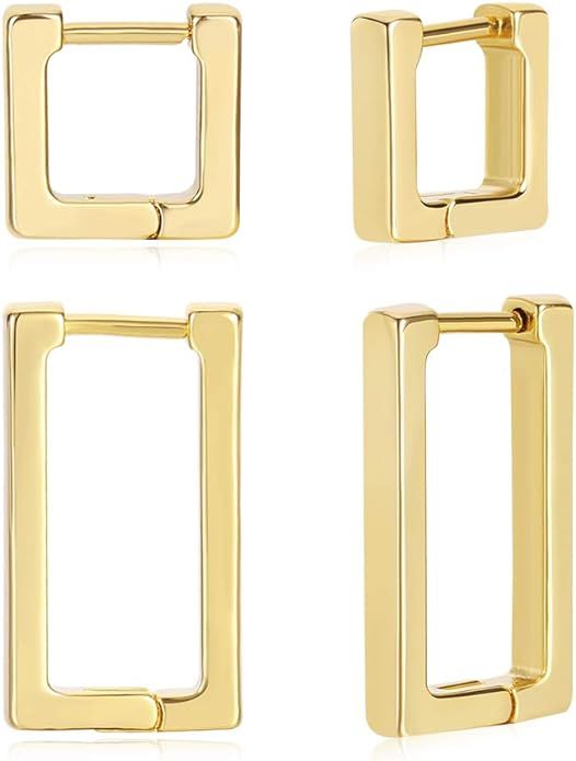 2 Pairs 14K Gold Plated Minimalist Hoop Earrings Small Dainty Geometric Square and Rectangle Hugg... | Amazon (US)