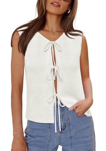 Yousify Vest Tops for Women Summer Sleeveless White Crochet Knit Tie Front Sweater Vest Y2K Tops | Amazon (US)