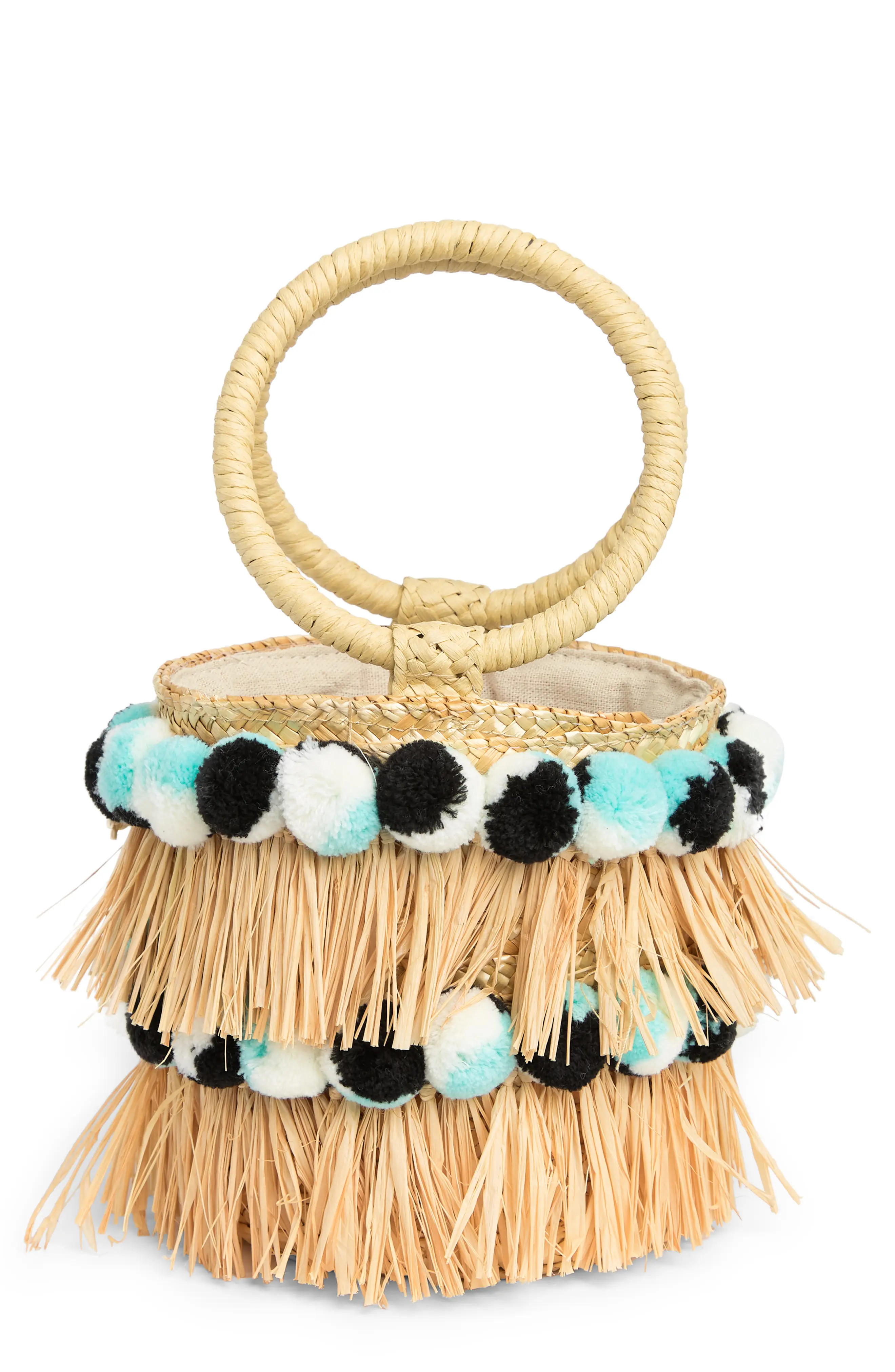 btb Los Angeles Liv Round Bucket Bag with Bracelet Handles in Natural/Aqua at Nordstrom | Nordstrom