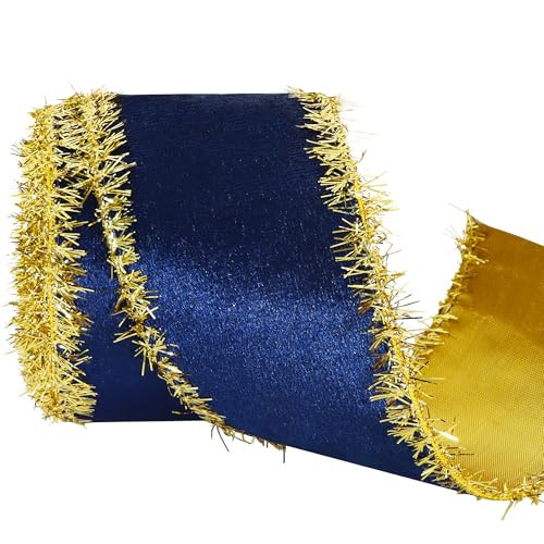 RIBBOOO Royal Blue Velvet Ribbon Gold Thread Fringe Velvet Wired Ribbon 2.5 Inch x 10 Yards Velvet Fabric Ribbon Trim for Gift Wrapping Christmas Tree Bows Wreaths Garland Wedding Decor Home Decor | Amazon (US)