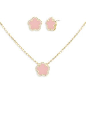 JanKuo Flower 3-Piece 14K Goldplated, Pink Synthetic &amp; Cubic Zirconia Stud Earrings &amp; Nec... | Saks Fifth Avenue OFF 5TH