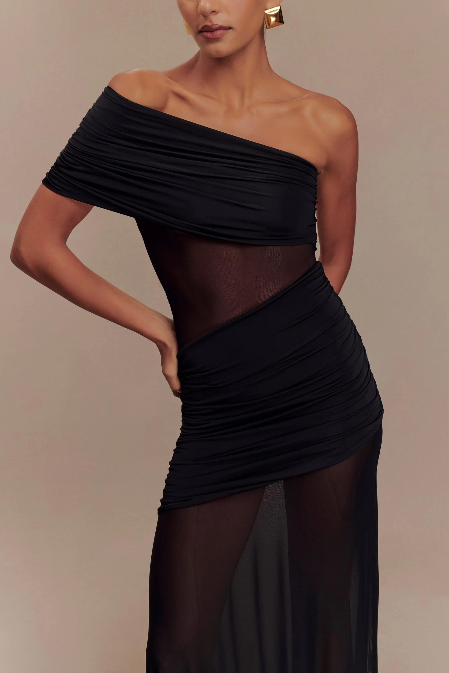 Dallas One Shoulder Mesh Maxi Dress - Black | MESHKI US