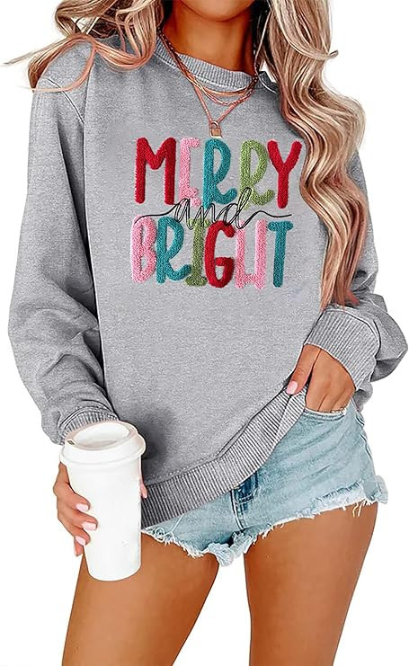 Merry Christmas Sweatshirts Women Merry And Bright Christmas Pullover Top Chenille Patch Letter P... | Amazon (US)