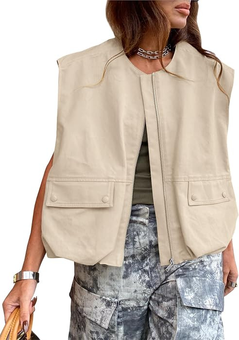 Womens Casual Zip Up Cargo Vest Top Oversized Lightweight Ruched Hem Sleeveless Blazer Jackets Ve... | Amazon (US)