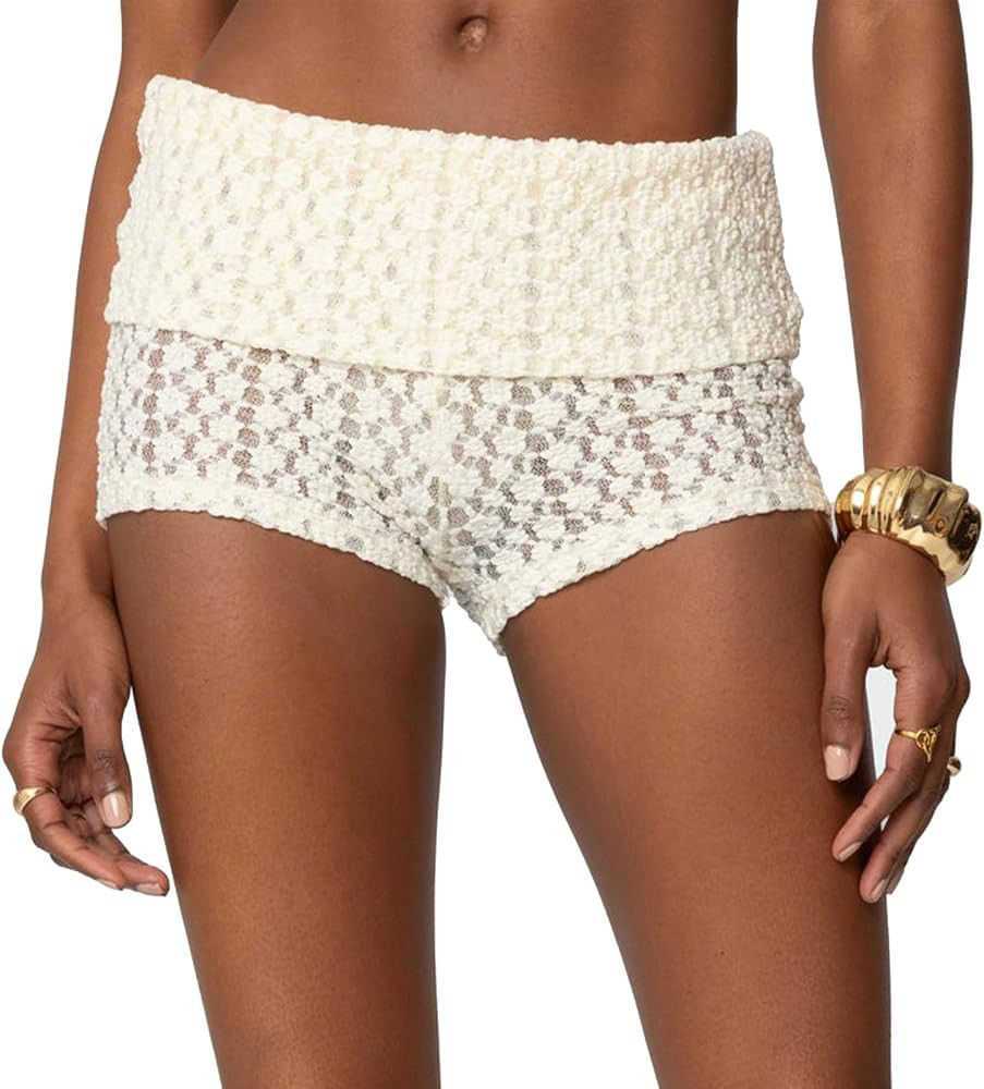 Women's Foldover Lace Shorts Coquette Low Waist Mesh Hot Pants Sheer Pajama Bottoms Slim Fit Ribb... | Amazon (US)