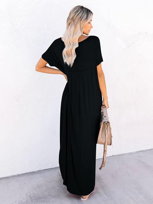 Yousify Women's Casual Summer Maxi Dress Short Sleeve V Neck Empire Waist Loose Split Beach Long ... | Amazon (US)