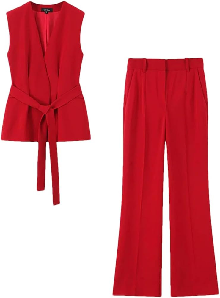 Women's 2 Piece Set V-Neck Tank Tops with Belt Vintage Front Zipper Flare Pants Pants Suit | Amazon (US)