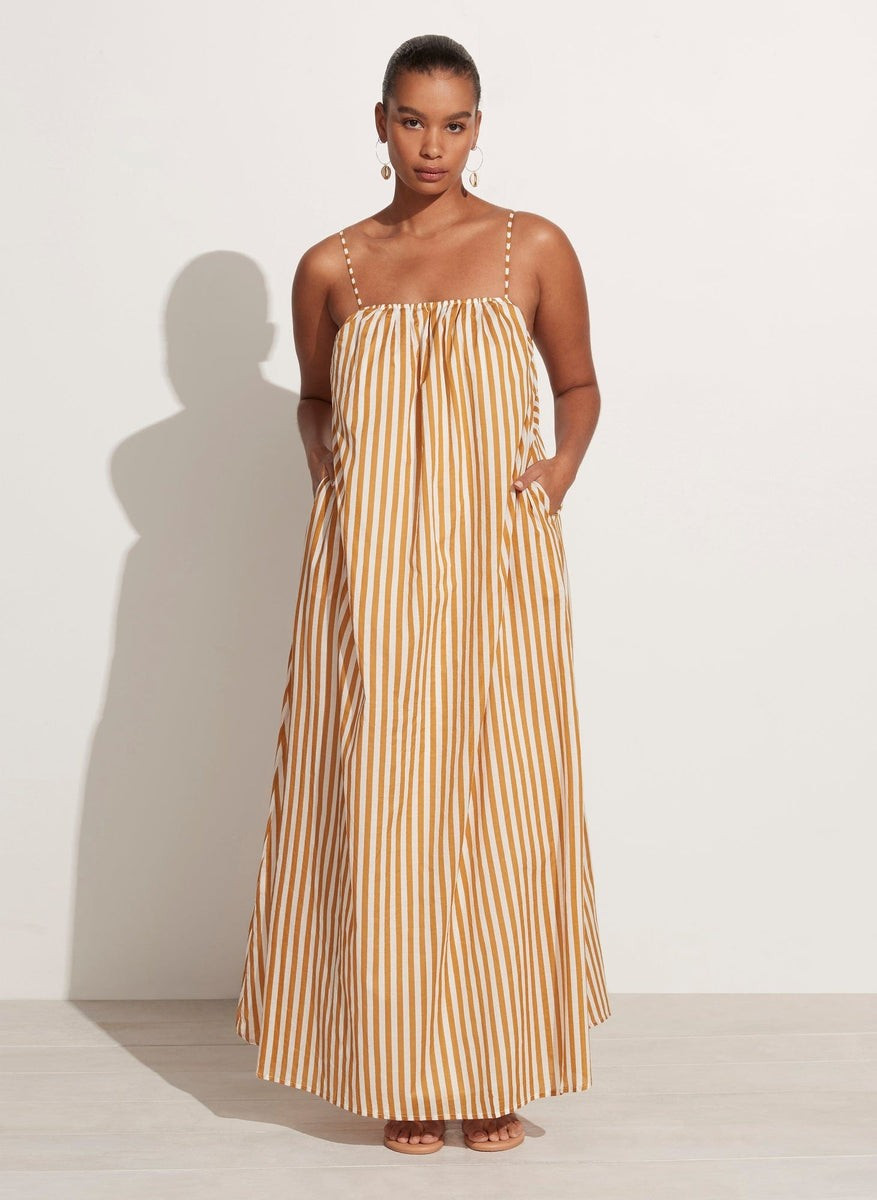 Illias Maxi Dress Caleta Stripe Camel | Faithfull (AU)