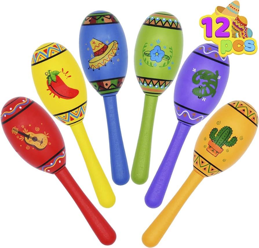 12 Mini Wooden Fiesta Maracas 6 Designs Noisemaker for Mexican Fiesta, Cinco De Mayo Party Favors... | Amazon (US)