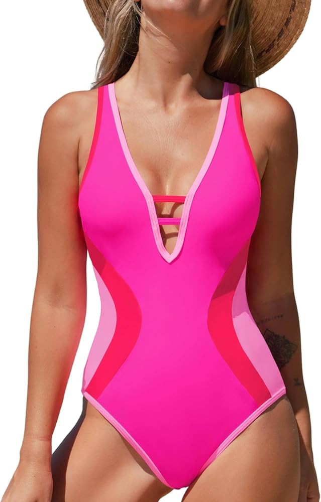 popvil One Piece Swimsuit for Women 2026 Neon Color Block Bathing Suit Deep V Neck Swimsuit Slimm... | Amazon (US)