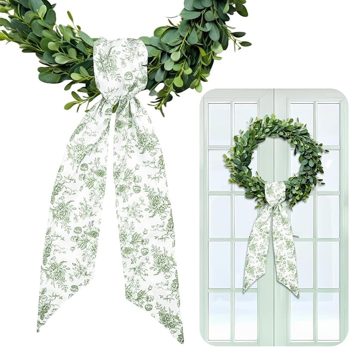 Whaline 2Pcs Green Flower Wreath Sash for Front Door Chinoiserie Floral Garland Ribbon for Holida... | Amazon (US)