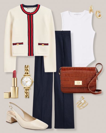 Red trim cardigan
White tank bodysuit
Navy pants
Brown crossbody bag
Gold watch
Pink lipstick
Cream pumps
Gold rings
Business casual outfit
Spring work outfit
J.Crew outfit

#LTKworkwear #LTKSeasonal #LTKfindsunder100