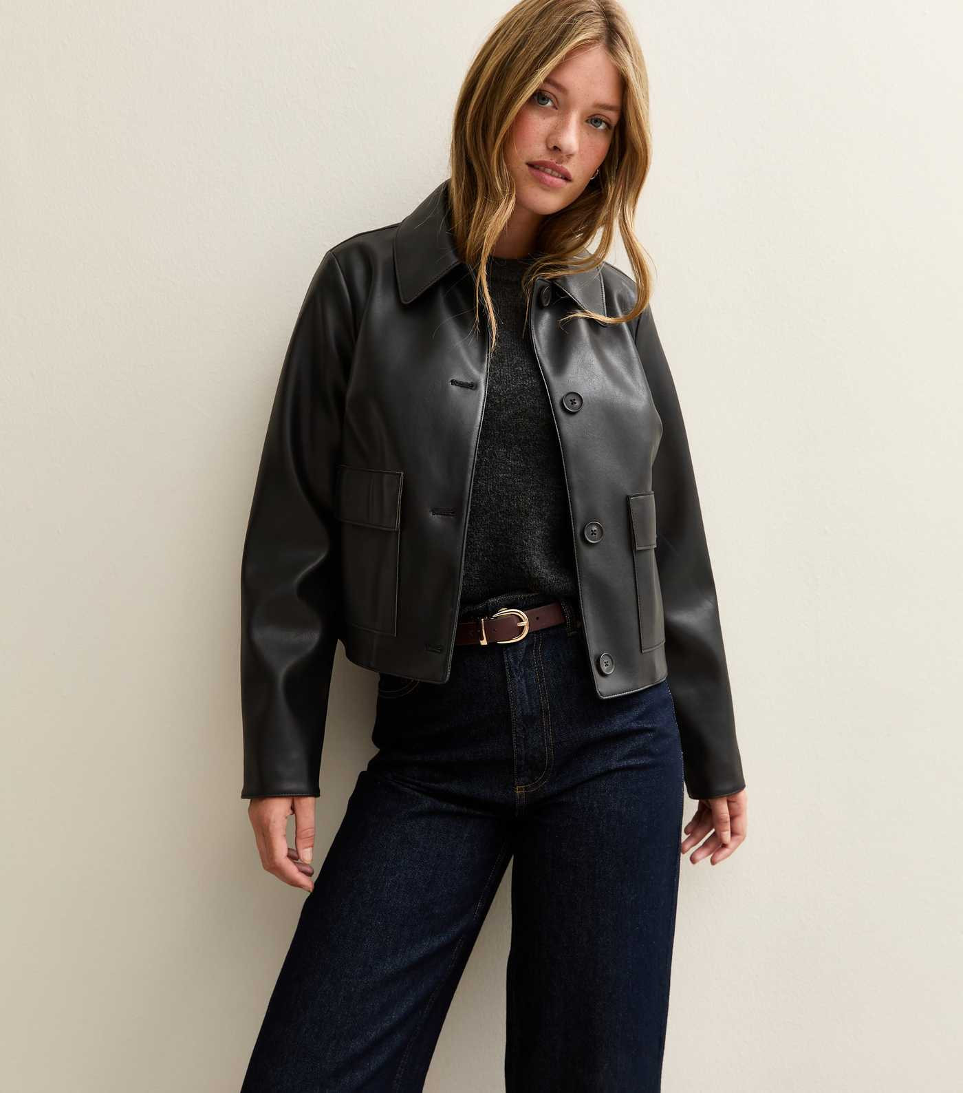 Black Faux Leather Button Through Patch Pocket Jacket | New Look | New Look (UK)