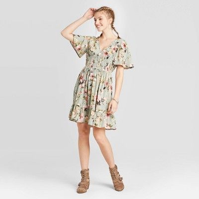 Women's Floral Print Short Sleeve V-Neck Smocked Waist Mini Dress - Xhilaration™ Green | Target