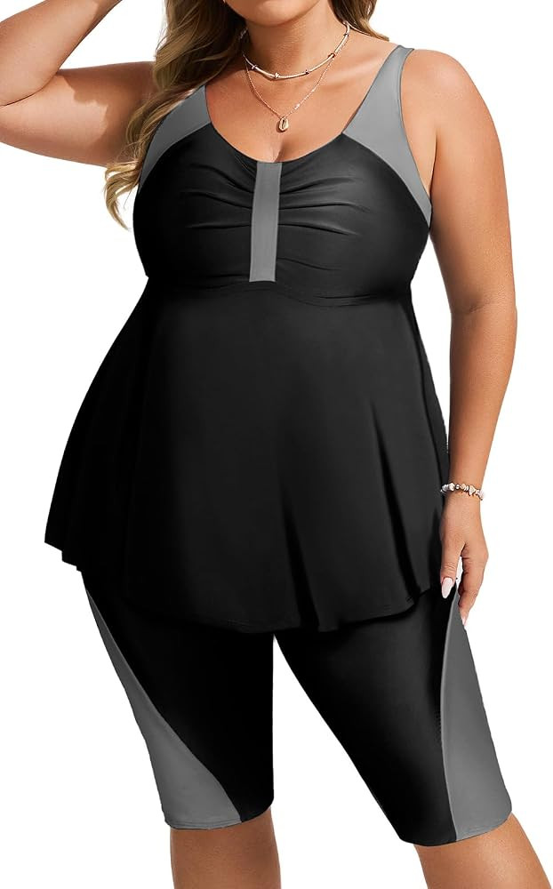 Hanna Nikole Women's Plus Size Tankini Swimsuits Two Piece Bathing Suit Flowy Rash Guard Swimwear... | Amazon (US)