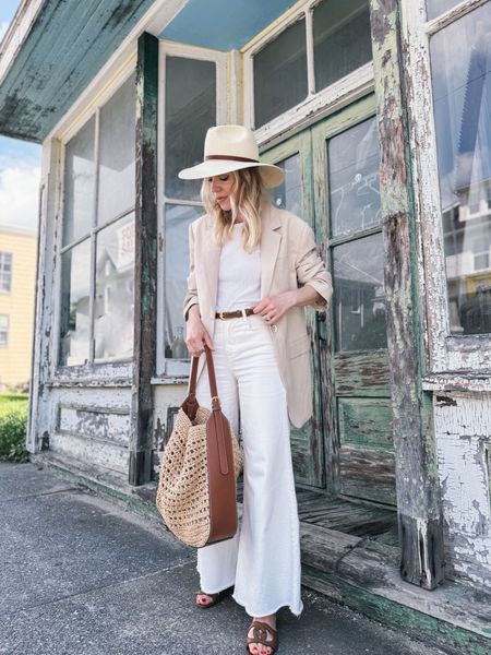 Neutral summer outfit, linen blazer, white jeans, straw hat, Gucci sandals, raffia tote bag 

#LTKFindsUnder100 #LTKItBag #LTKShoeCrush