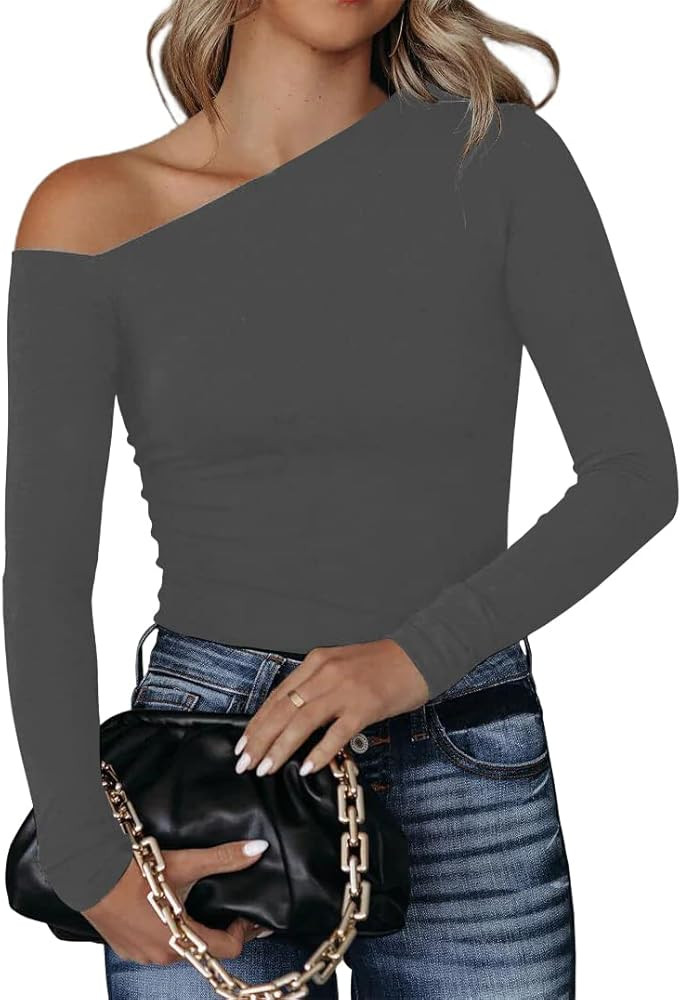 BONITEE Women's One Off Shoulder Tops Asymmetrical Neck Long Sleeve Slim Wrap Tee Shirt Blouse | Amazon (US)