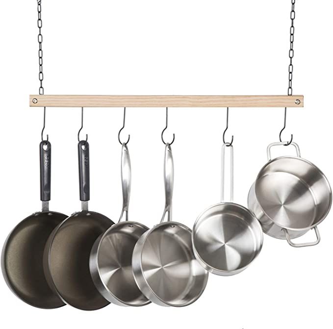 Soduku Pot and Pan Rack Organizer, Ceiling Mounted Single Wooden Cookware Hanger with 6 Hooks for... | Amazon (US)