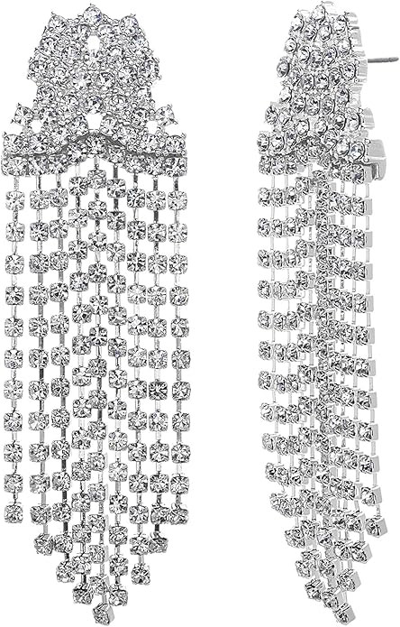 Steve Madden Silver Tone Rhinestone Cluster Fringe Chandelier Earrings For Women, White, one size... | Amazon (US)
