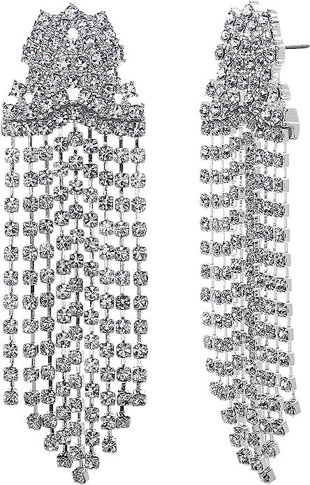 Steve Madden Silver Tone Rhinestone Cluster Fringe Chandelier Earrings For Women, White, one size... | Amazon (US)