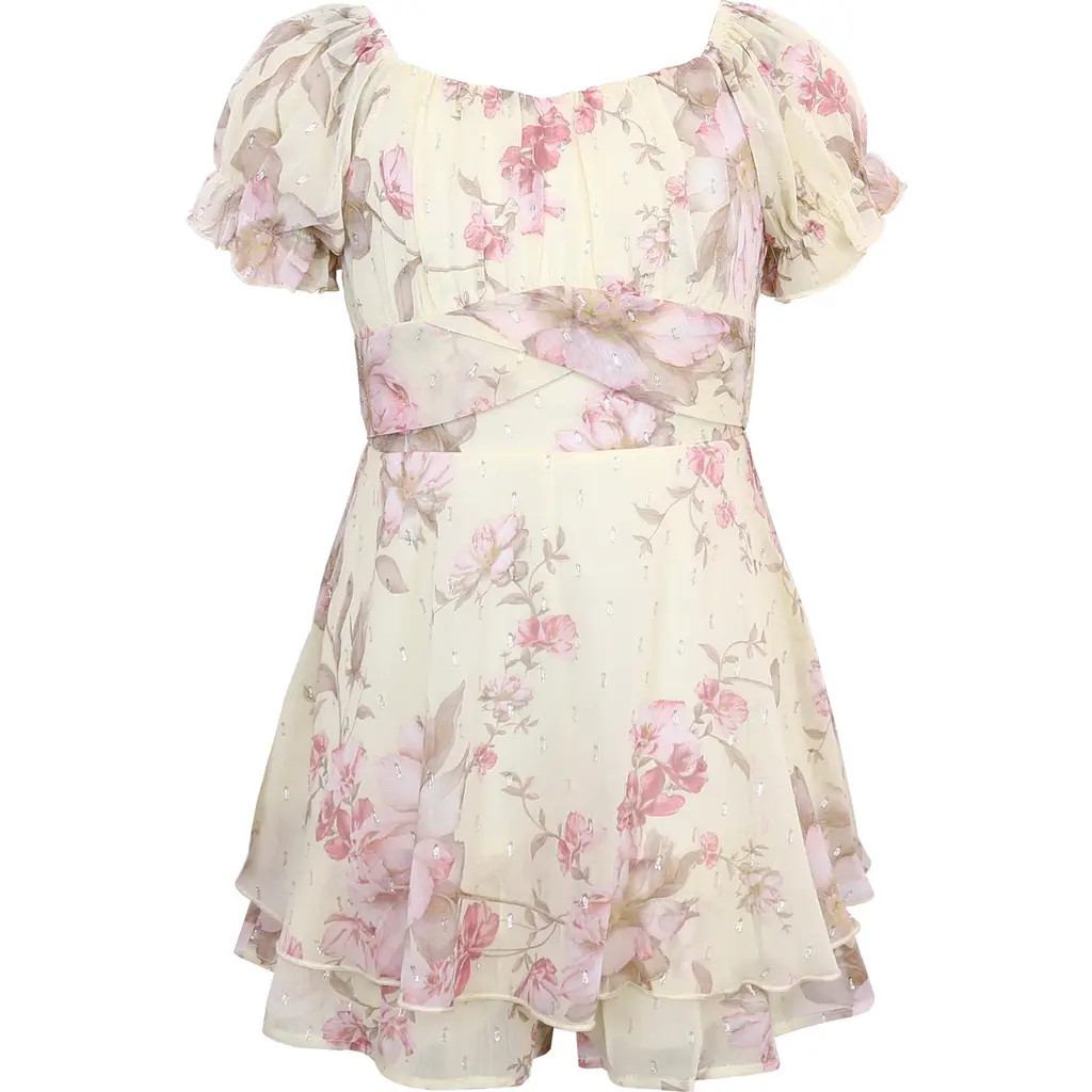 Zunie Floral Print Puff Sleeve Romper in Yellow/Pink at Nordstrom, Size 16 | Nordstrom