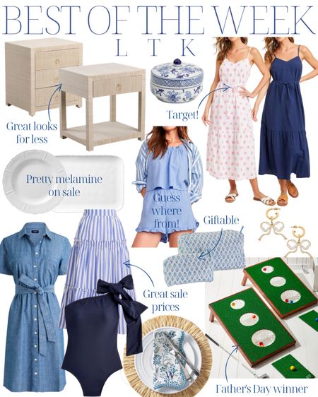 Best of the week! Coastal home, look for less, bedside table, nightstand, blue and white, chinoiserie, Target style, navy blue dress, floral dress, melamine, dining, outdoor, Father’s Day gift, block print cosmetic bags, bow earrings, scalloped napkins, loungewear, grandmillennial home, grandmillennial style, classic style, preppy style, J.Crew, Serena and Lily, blue striped, summer style, casual style, home decor, classic home, golf gifts 

#LTKunder50 #LTKunder100 #LTKhome